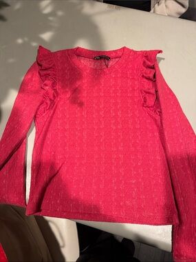 Zara Bright Pink Ruffle-Shoulder Knit Sweater